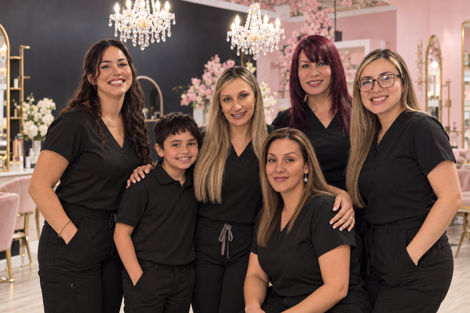 The Glamour Look salon team in coordinated professional black uniforms